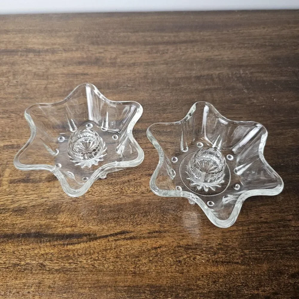 Vintage Anchor Hocking Star Candle Holders Clear Glass Celestial Set of 2